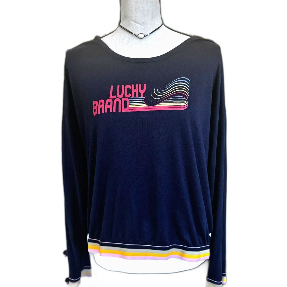 Lucky Brand Navy Graphic Long Sleeve Striped Hem Relaxed Fit Light Sweatshirt M